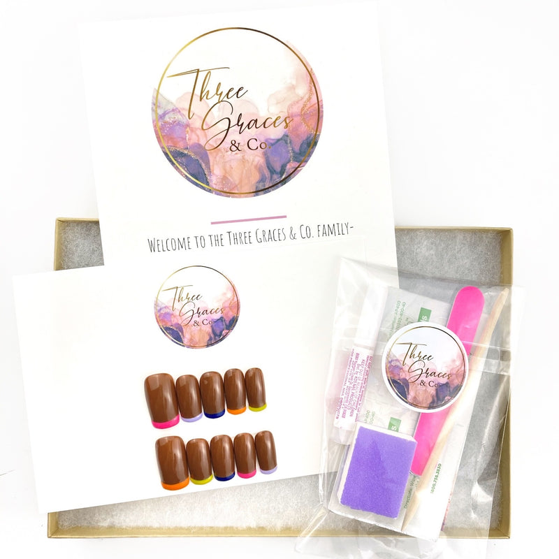 Colorful French Tips - Three Graces & Co. press on nails glue on nails stick on nails
